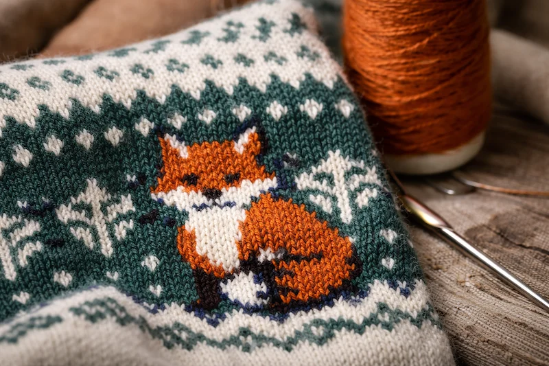 Деталь жаккардового свитера с лисой — фабрика Lin Sweater, Далан, Дунгуань